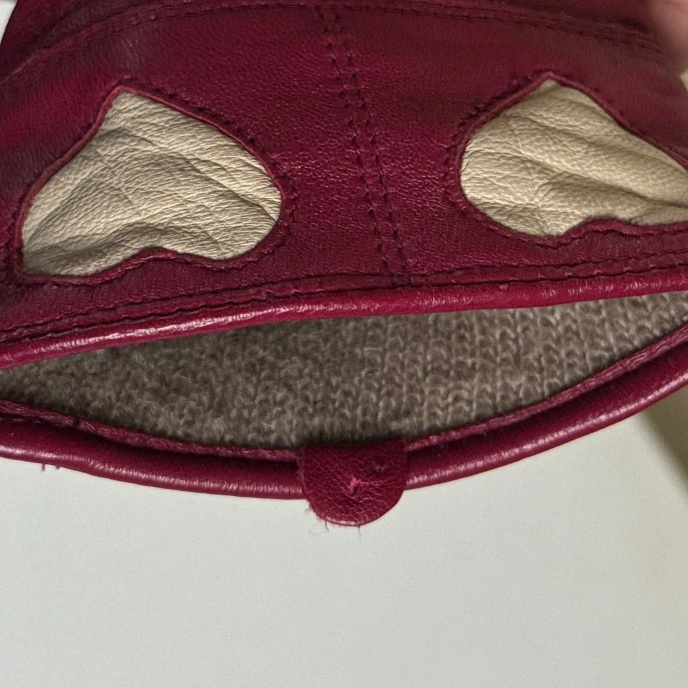 Carole Little Burgundy Leather Gloves Women Large Heart Applique Knit Lined Red